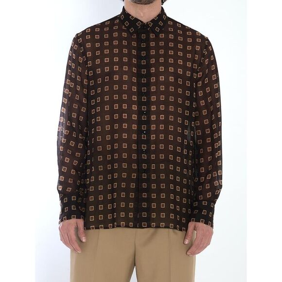 SAINT LAURENT Geometric Print Sheer Long Sleeve Shirt Men BROWN Shirts